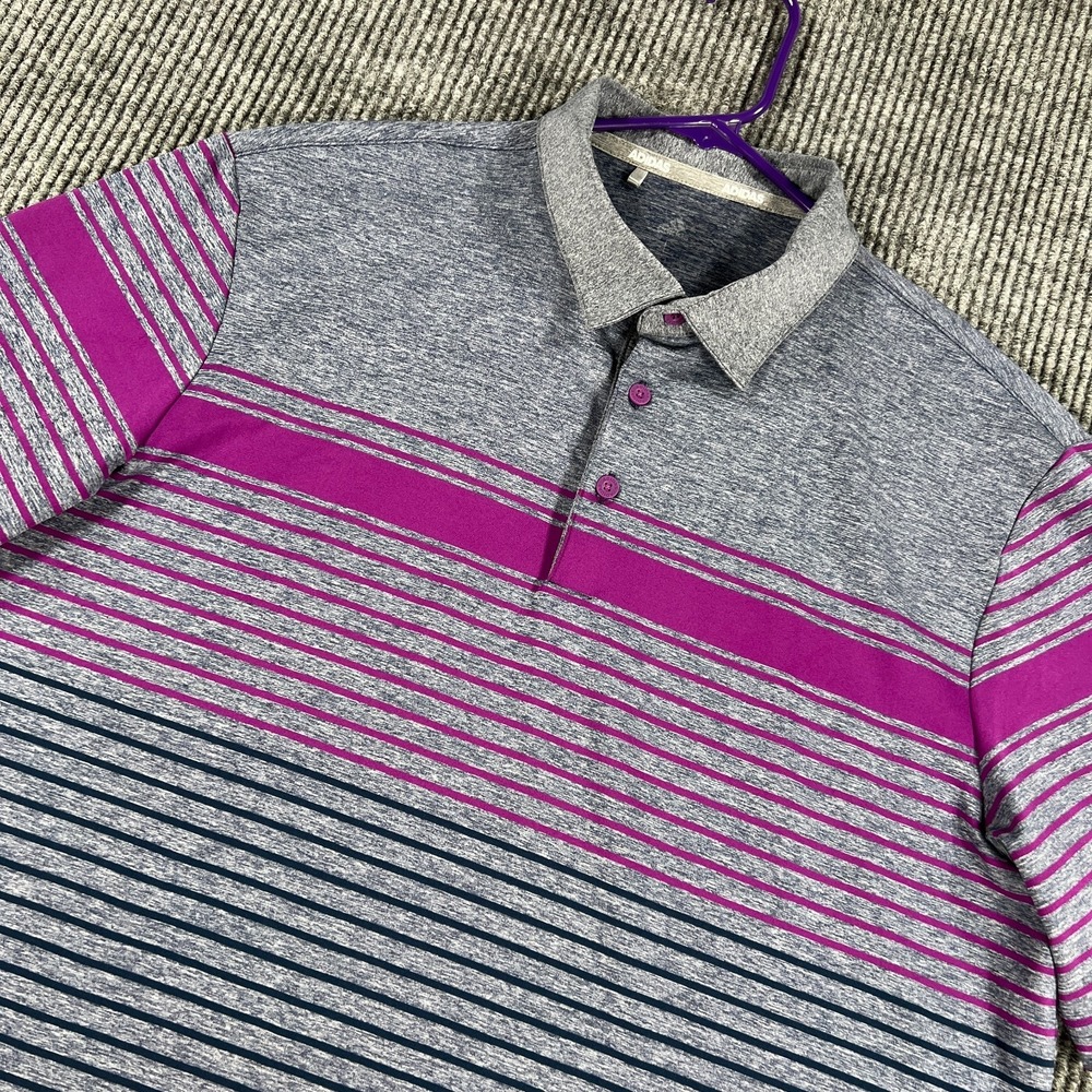 Adidas Polo Shirt Mens‎ Large Purple Striped Short Sleeve Golf Performance